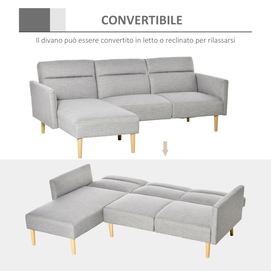 EasyComfort Divano Letto 3 Posti, Divano Angolare in Tessuto Grigio con Schienale Regolabile, Stile Scandinavo, 207x146x80cm