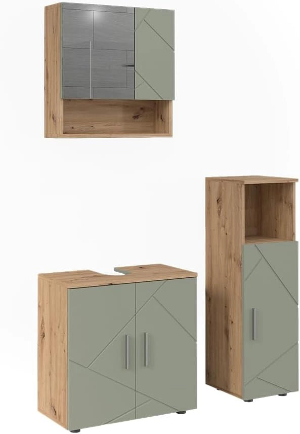 Set di mobili da bagno Irma, Verde salvia, 60 cm, composto da mobile sottolavabo, specchiera e mobile medio