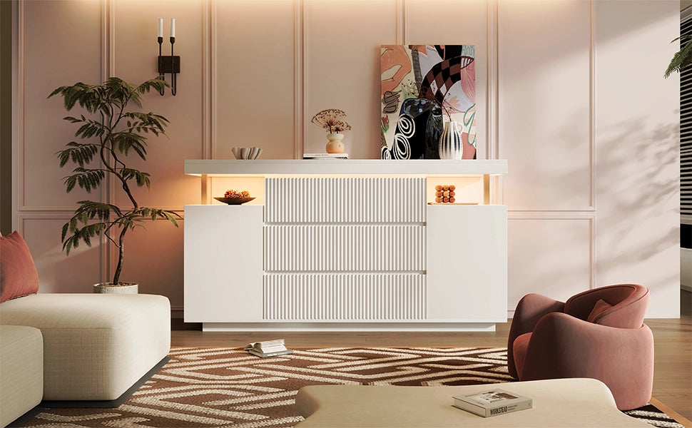 Credenza moderna con LED, 6 cassetti, 2 ante e vano aperto, per soggiorno, in MDF e metallo bianco, 150 × 40 × 78 cm