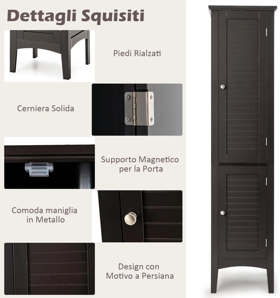 Mobile da Bagno Alto con 2 Ante 37 x 37 x 160cm, Armadio da Terra con 5 Vani, Mobile Colonna per Bagno Cucina Soggiorno (Marrone)