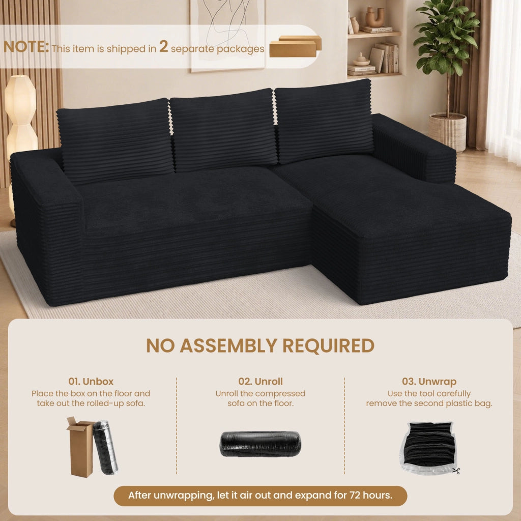 Divano angolare modulare in velluto a coste a L, divano compresso sottovuoto senza montaggio con chaise longue, molle insacchettate ergonomico