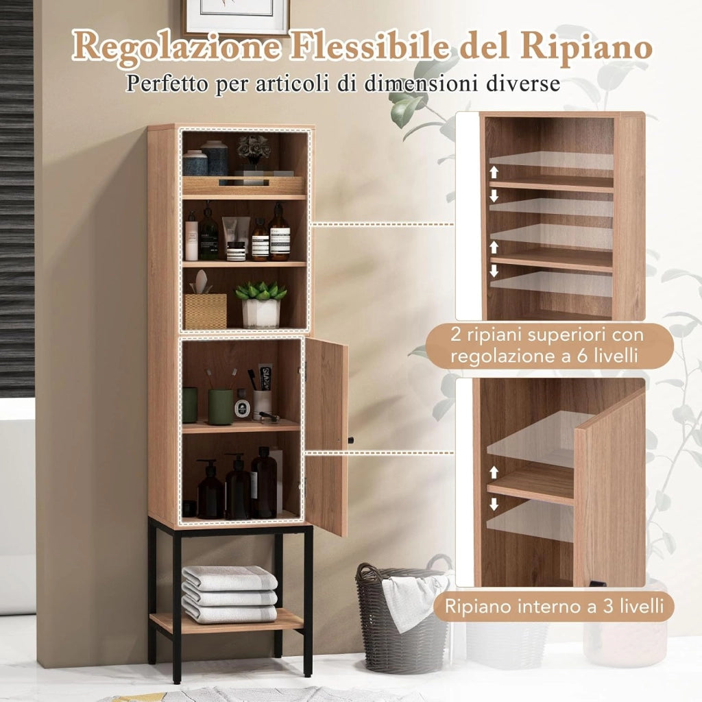 Armadietto da 146 cm di Altezza, Armadietto con Ripiani Regolabili e Ripiano Inferiore, con Supporto Metallico e Porta, per Soggiorno, Cucina e Ufficio, 38 x 30 x 146 cm (Legno)
