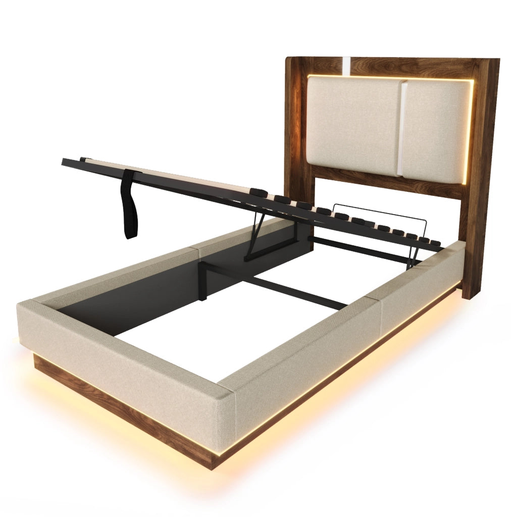Letto singolo 90x200 cm con rete, LED, contenitore idraulico e testiera imbottita beige
