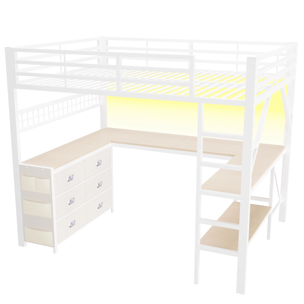 Letto a soppalco 140x200 con scrivania; LED e cassetti; bianco in metallo