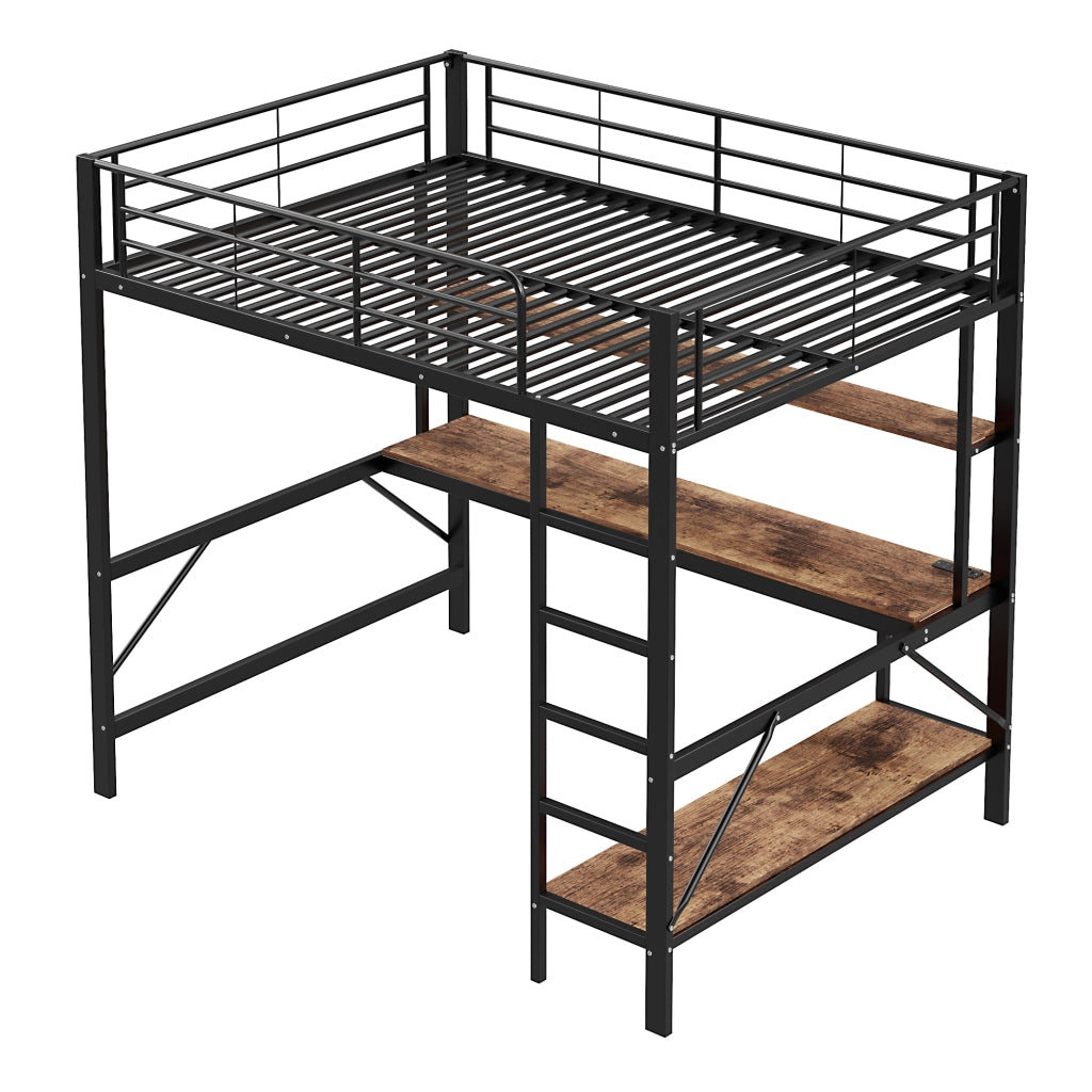 Letto a soppalco multifunzione; 140x200cm; presa USB; mensole da scrivania LED; nero