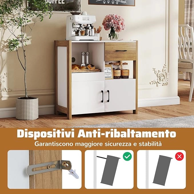 Credenza da Cucina, Mobile Moderno con Cassetto, Ripiano Estraibile e 2 Ante, Credenza Salvaspazio in Legno per Sala da Pranzo, Soggiorno, Camera da Letto e Appartamento, 82 x 40 x 81 cm