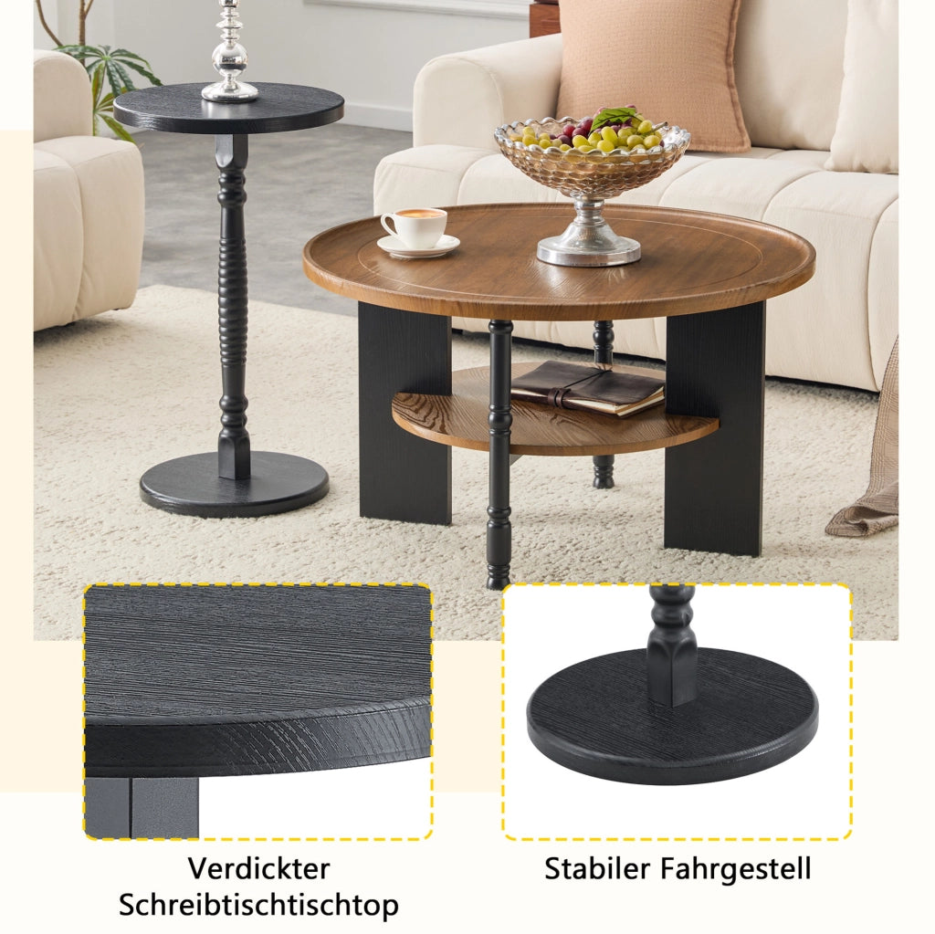 Set di 2 tavolini rotondi MDF noce e nero con vano