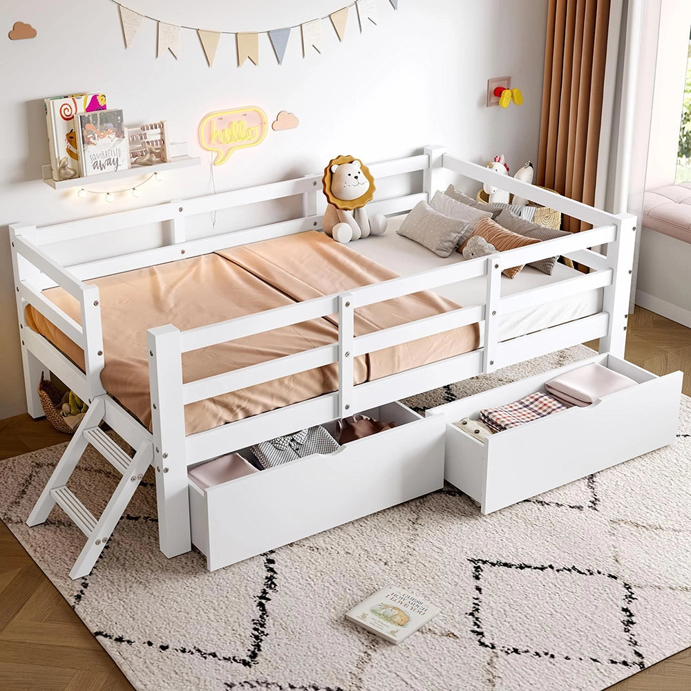 Letto 90x200cm in legno - Xylo - piattaforma 2 cassetti barriera bianco
