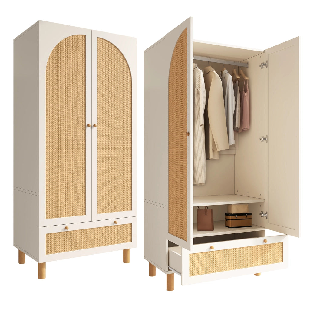 Armadio Guardaroba Bianco 180×85×52 cm con 2 Ante in Rattan; Barra Appendabiti; Ripiani Regolabili e Cassetto