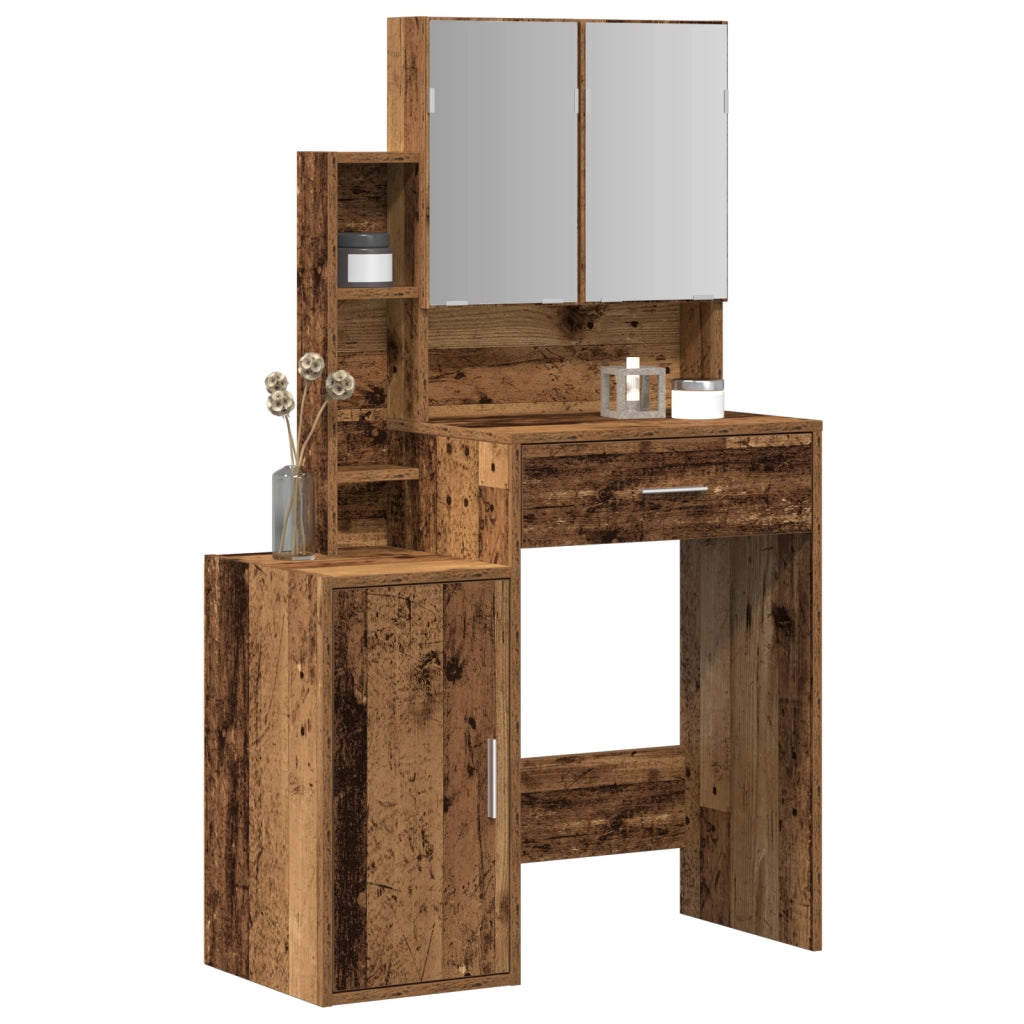 Tavolo da trucco con specchio e luci a LED in legno vecchio e legno ingegnerizzato
