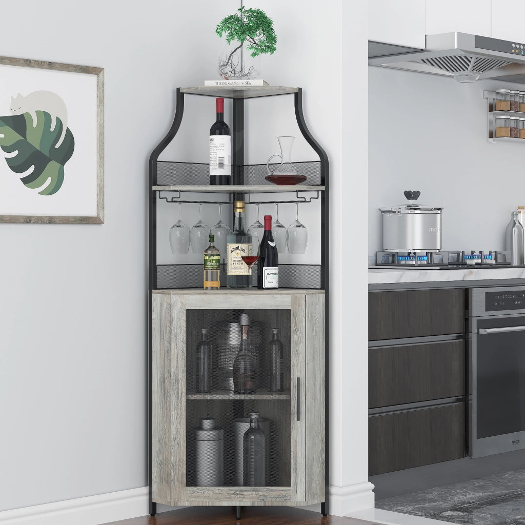 Mobile Bar Angolare Portabottiglie Grigio in Metallo e MDF, 154cm