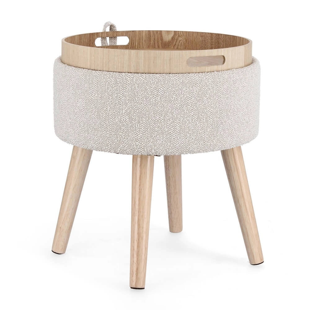 Sgabello contenitore rotondo bouclé bianco con vassoio in legno - BRIAR