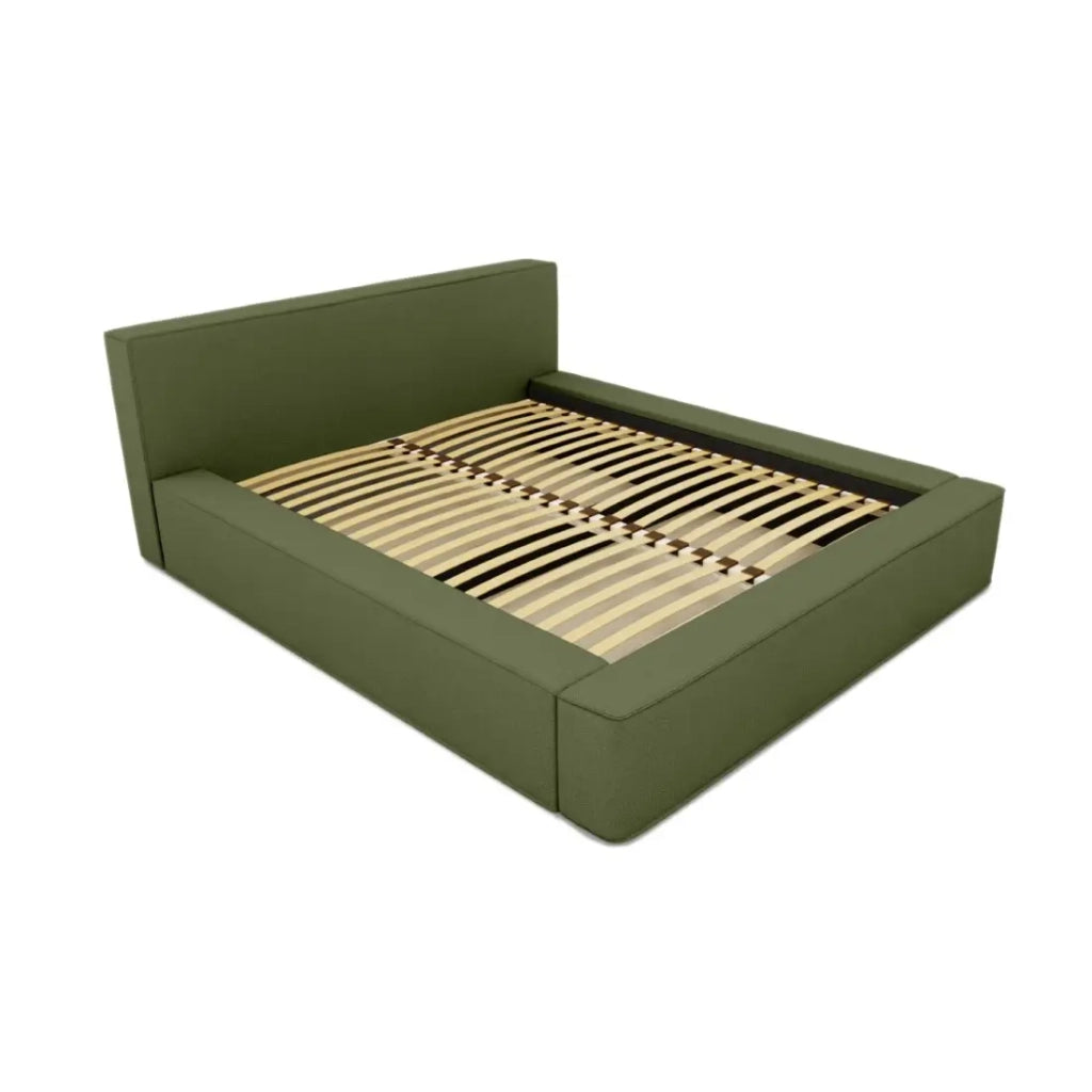 Letto contenitore VELORA – Olive bouclé – 180x200 cm – Tessuto velluto morbido – Rete sollevabile – Contenitore integrato
