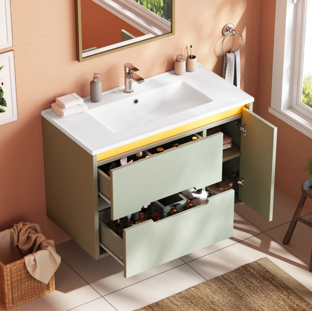 Mobile bagno sospeso 81 cm con lavabo in ceramica, LED e ante verdi