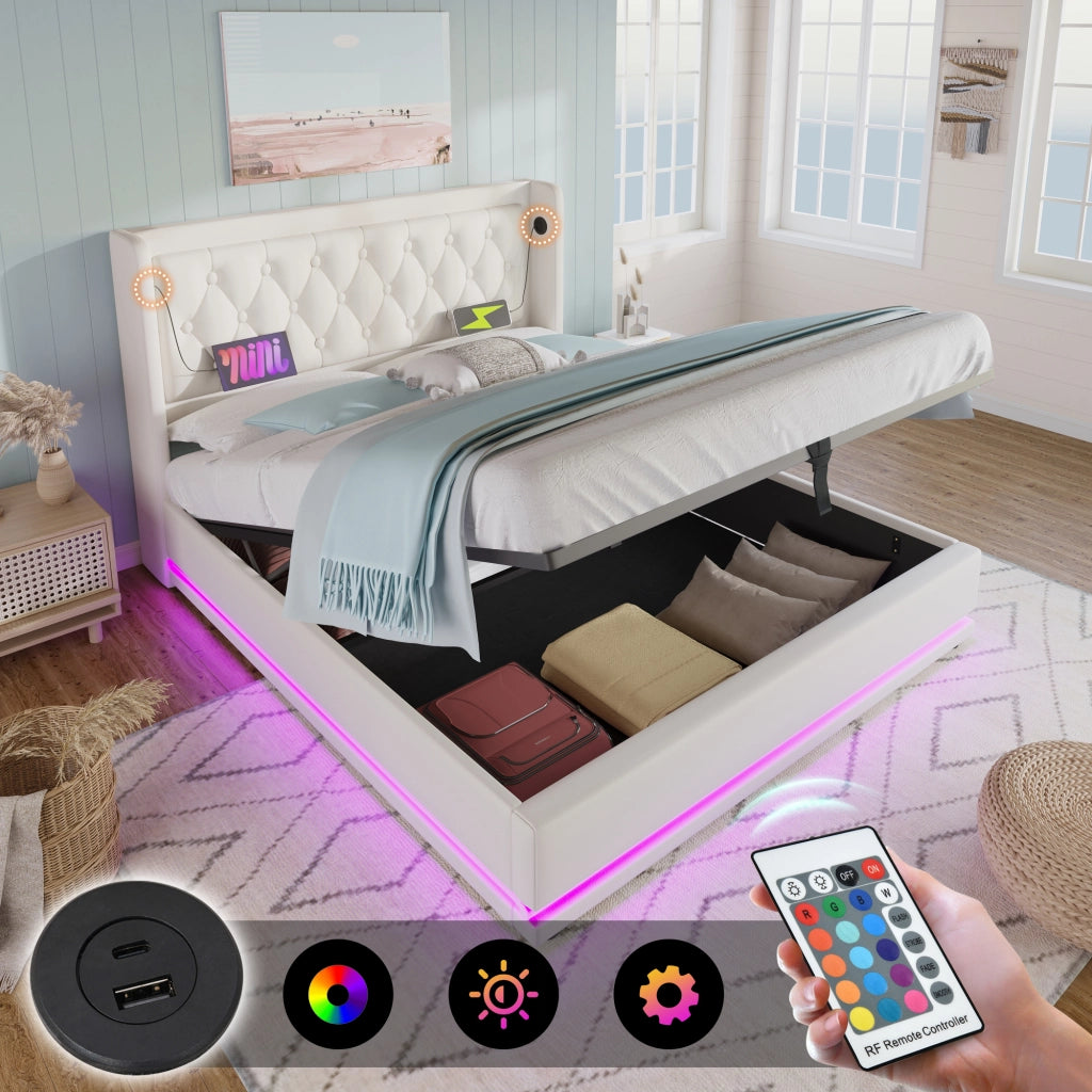 Letto Contenitore 160×200 cm; Matrimoniale con USB; USB-C e LED 3 Lati; senza Materasso; PU Bianco