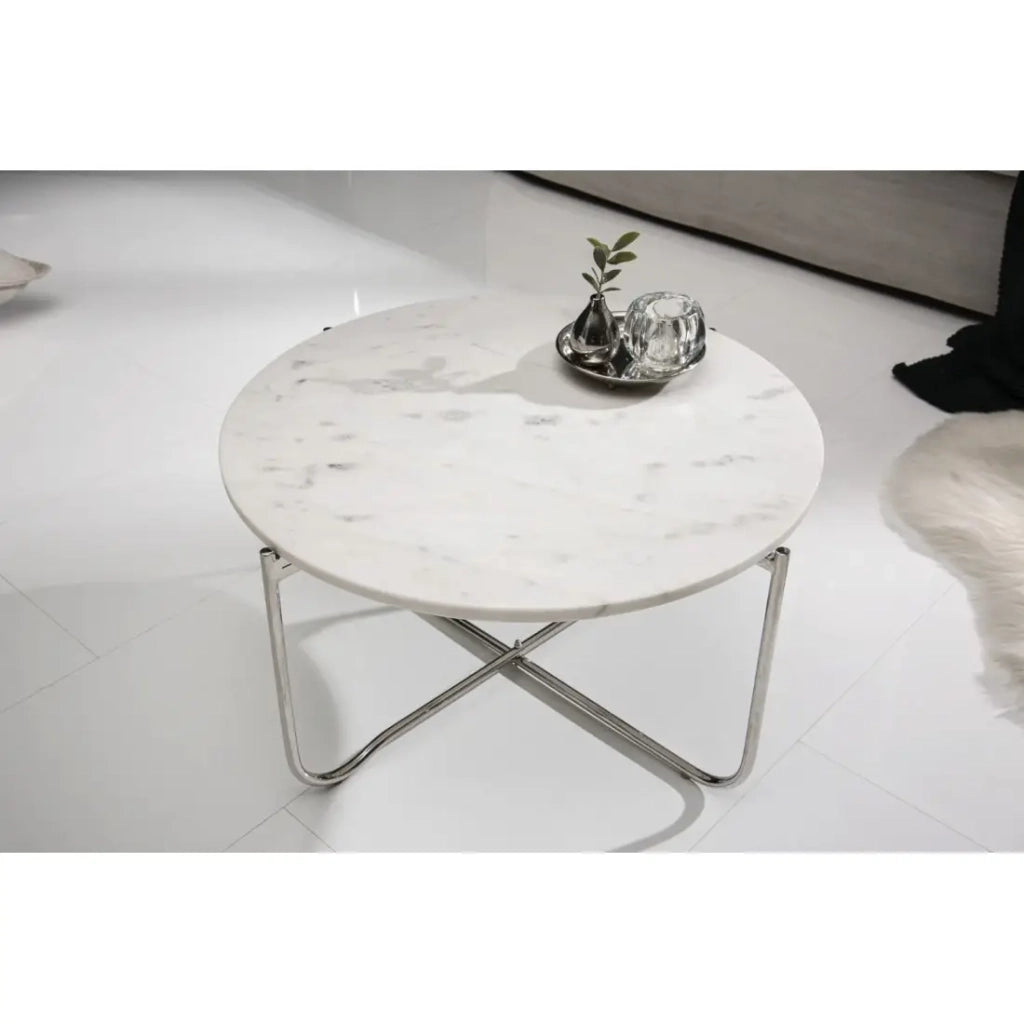 Tavolino basso rotondo VINTORA in marmo bianco e metallo argentato – tavolino pieghevole di design moderno ed elegante