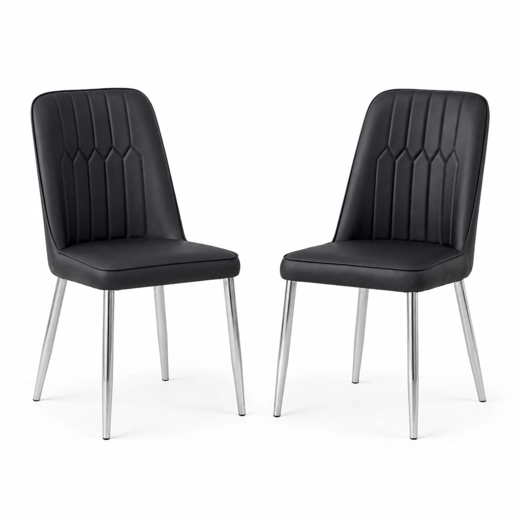 Sedia da pranzo nera in similpelle con gambe in metallo argento, design moderno e minimalista
