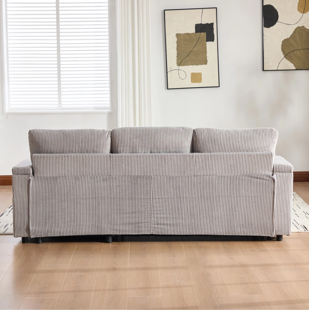 Divano letto 212.5x136x86 cm con chaise longue; letto estraibile e USB-C in corduroy grigio chiaro