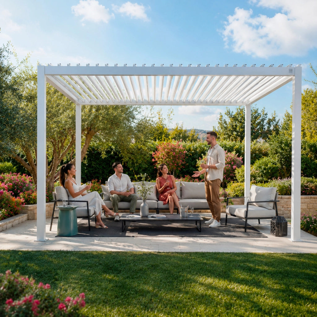 Pergola Gazebo Bioclimatica 3X4 Metri Con Tetto A Lamelle Orientabili Sistema Di Drenaggio Struttura In Acciaio E Alluminio Resistente Ai Raggi UV Per Giardino Terrazza E Piscina Bianco Opaco