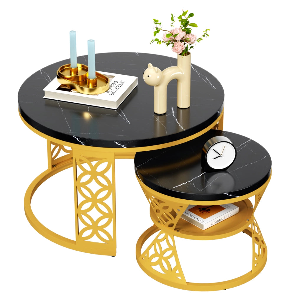 TAVOLINO DA CAFFÈ Set 2 Pezzi 70x70x45 cm Piano Nero Effetto Marmo con Struttura Color Oro
