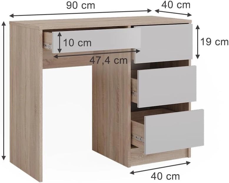 Scrivania Sherry, Bianco/Sonoma, 90 x 40 cm con cassetti