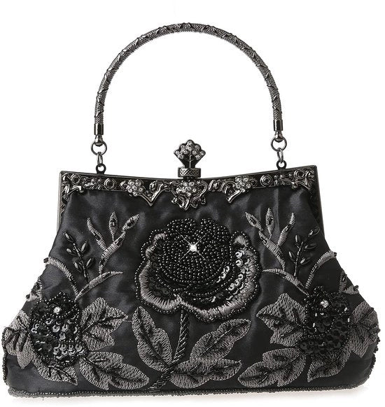 Borsa da sera con decorazioni floreali e pailletti in cristallo (Nero)