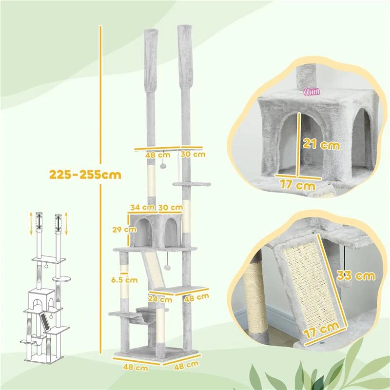 ALBERO TIRAGRAFFI A SOFFITTO CON ALTEZZA REGOLABILE 225-255 CM CON CASETTA E AMACA, GRIGIO CHIARO