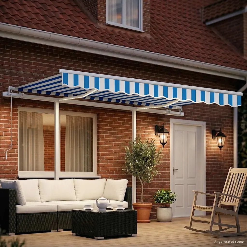 Tenda da Sole Retrattile Manuale con LED 3,5x2,5m Blu e Bianca