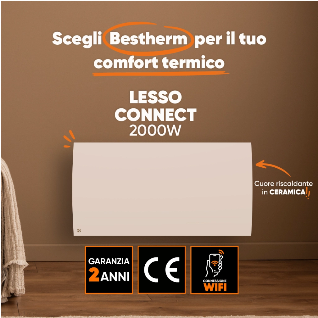 Radiatore elettrico fisso connesso WIFI con inerzia ceramica a secco 2000W LESSO CONNECT orizzontale bianco