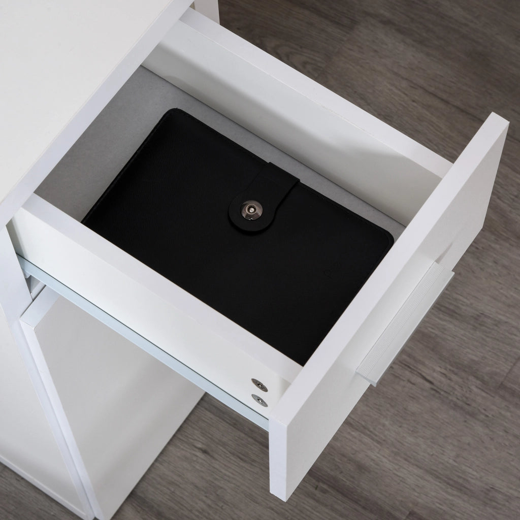 Scrivania Angolare Moderna in Legno con Cassetto, Armadietto e Mensole, Arredamento per Ufficio e Casa, Bianco