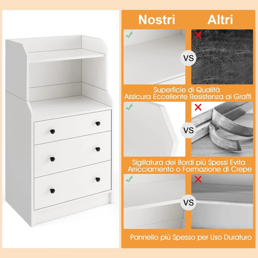 Comò a 3 Cassetti con Mensole, Organizzatore di Stoccaggio Multiuso, Cassettiera Moderna con Dispositivo Anti-Ribaltamento per Soggiorno Camera da Letto Ingresso, 58 x 36 x 111 cm
