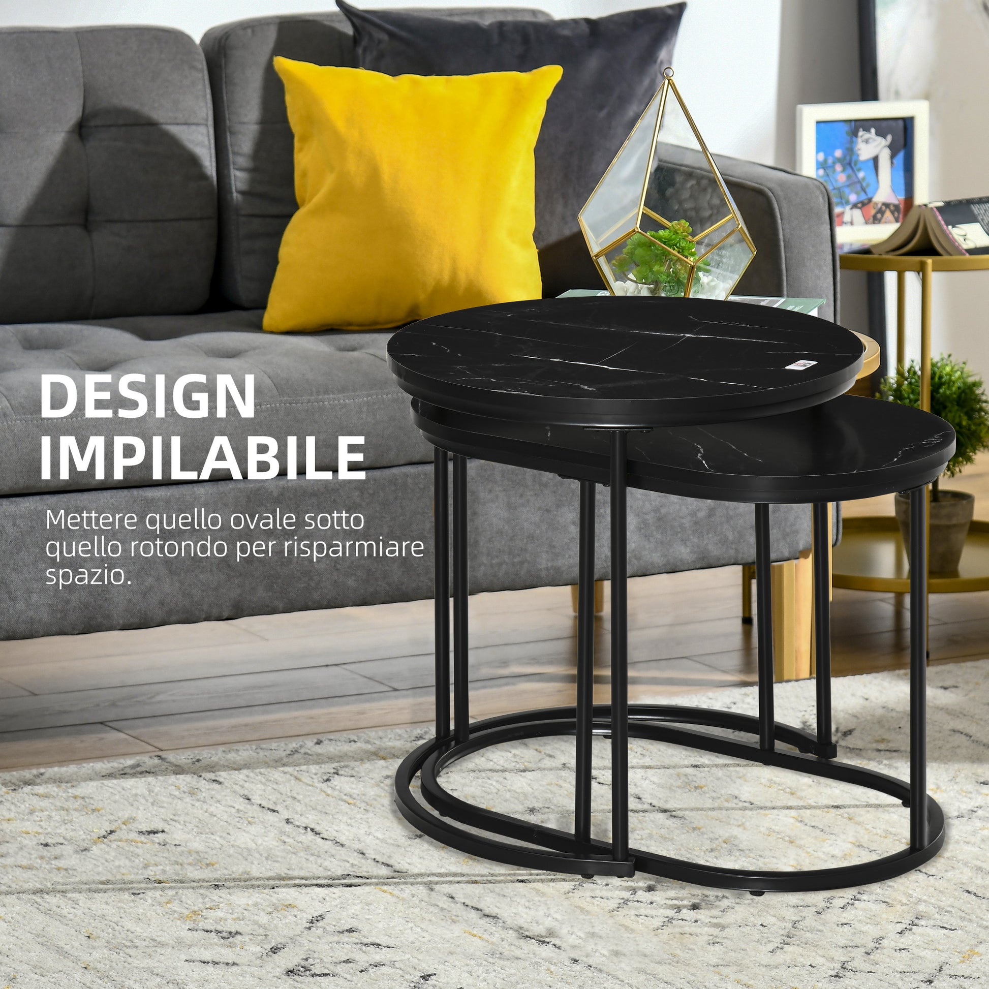 Set 2 Tavolini Sovrapponibili Ø50x50,5 cm e 60x36x43,5 cm con Piano Effetto Marmo Nero