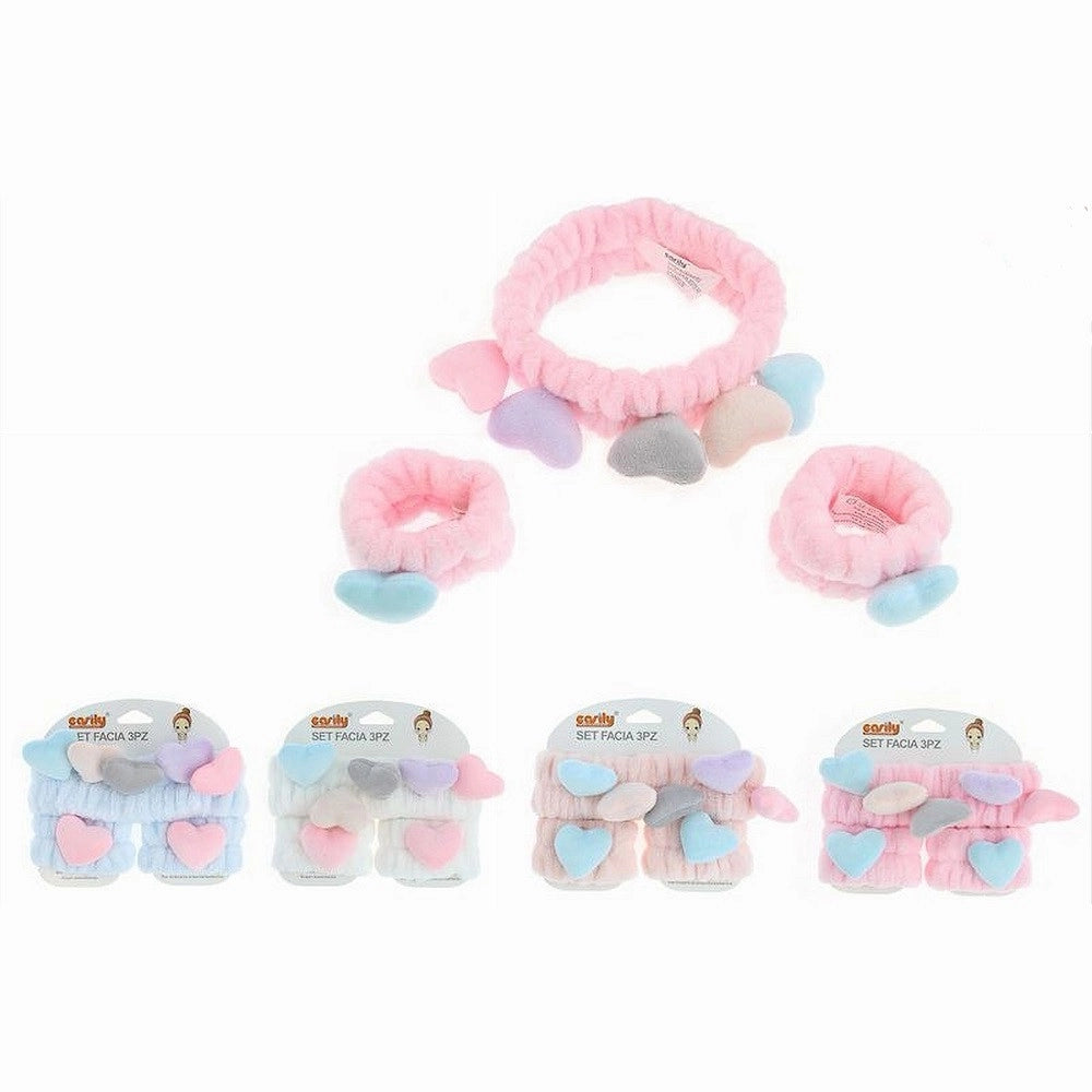 Trade Shop - Set 3pz Polsini Fascia Capelli Con Cuori Colorati Lavaggi Viso Trattamenti 10751 -