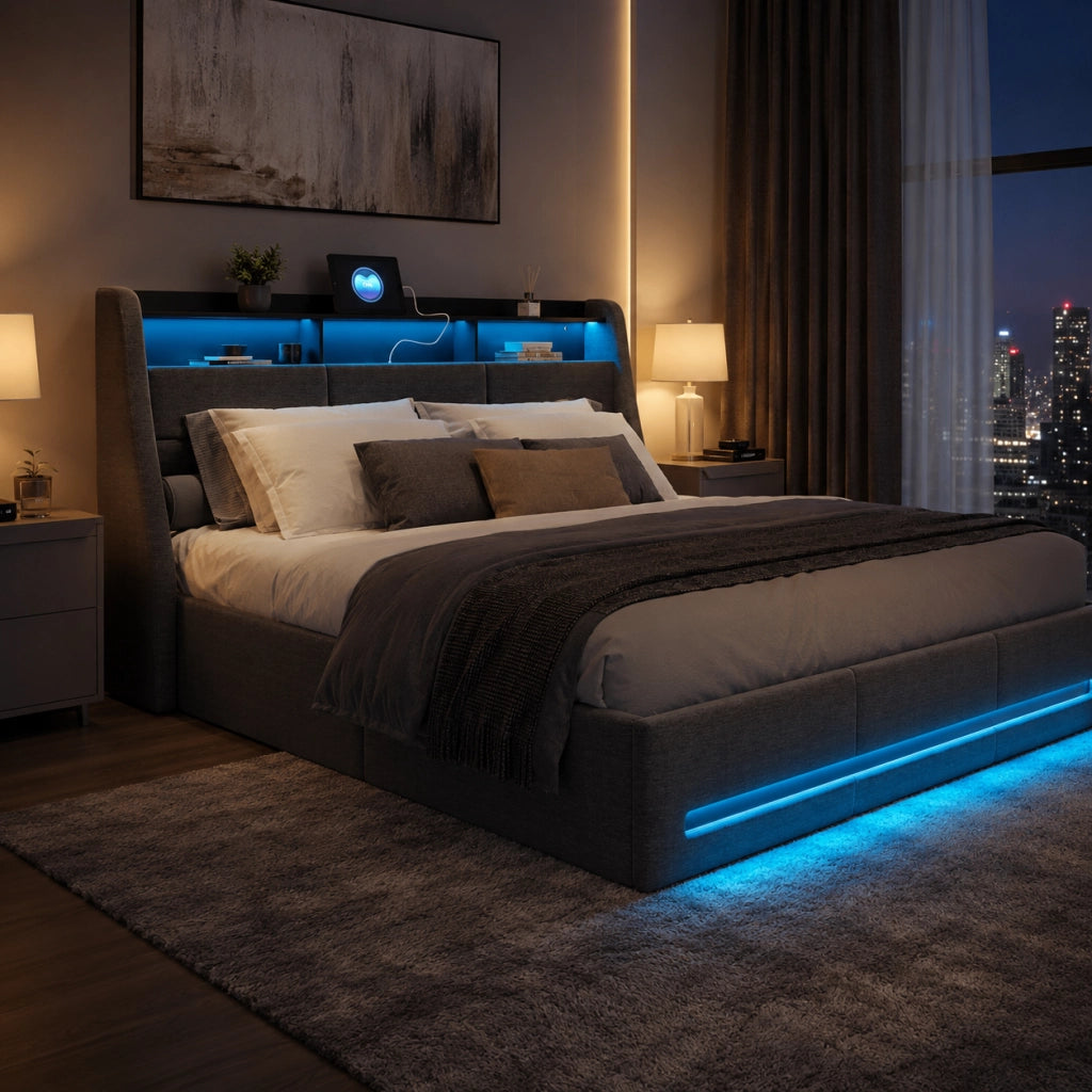 Letto matrimoniale con contenitore idraulico 140×190 cm, tessuto grigio, effetto sospeso LED RGB, testiera con vani, ricarica USB e USB‑C
