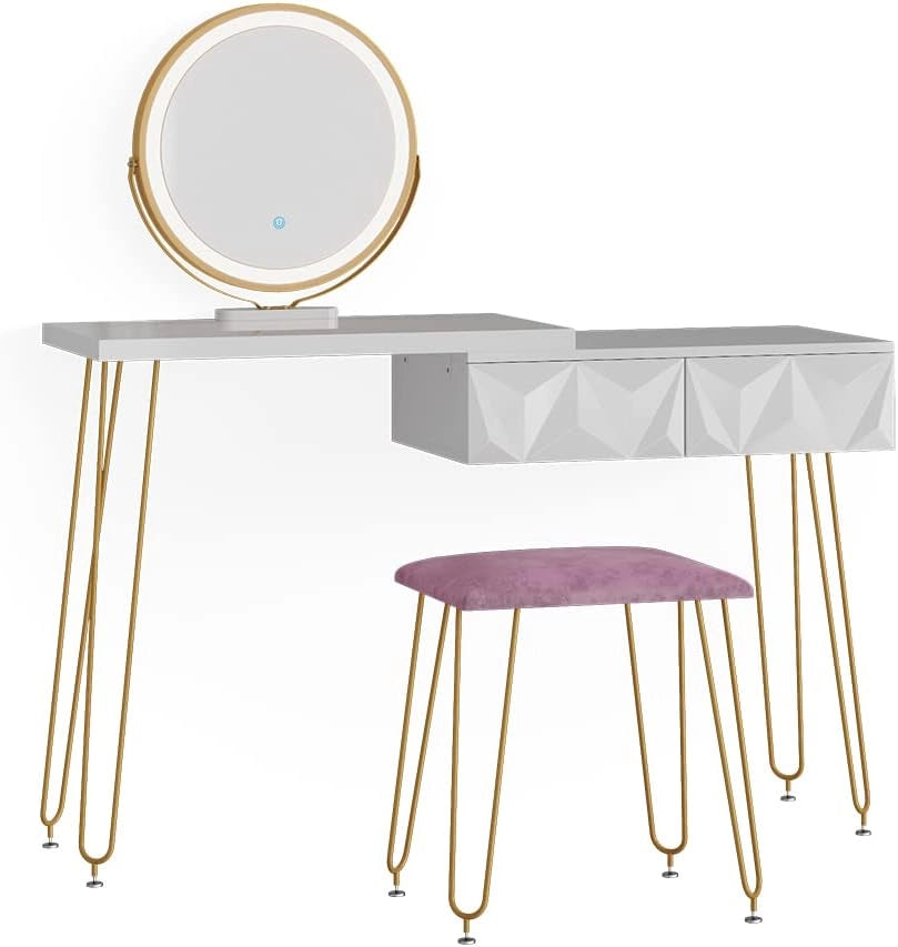 Vicco Tavolo da toeletta Bella, Bianco, 120 cm con illuminazione LED e sgabello, con illuminazione LED e sgabello imbottito
