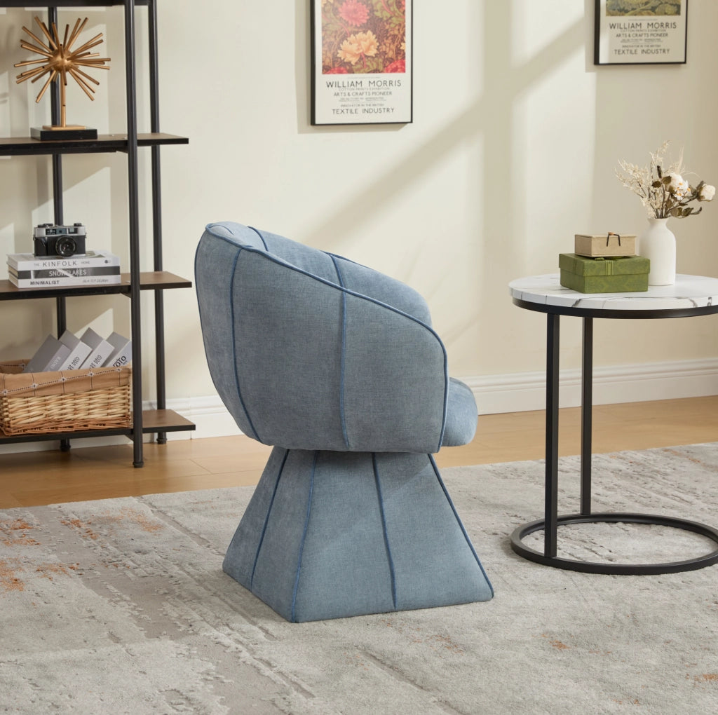 Poltrona girevole 360° in ciniglia blu con schienale alto e braccioli