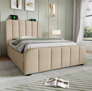 Letto singolo imbottito 90x200 cm in lino beige con 4 cassetti; USB e testiera con materasso