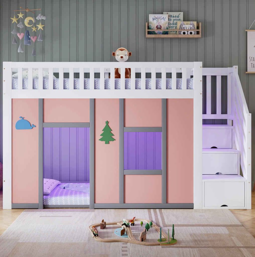 Letto a soppalco per bambini 90x200 cm bianco e rosa con scala contenitore e LED