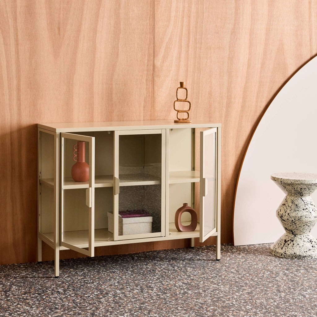 Credenza industriale in metallo e vetro temperato 3 ante, 100cm