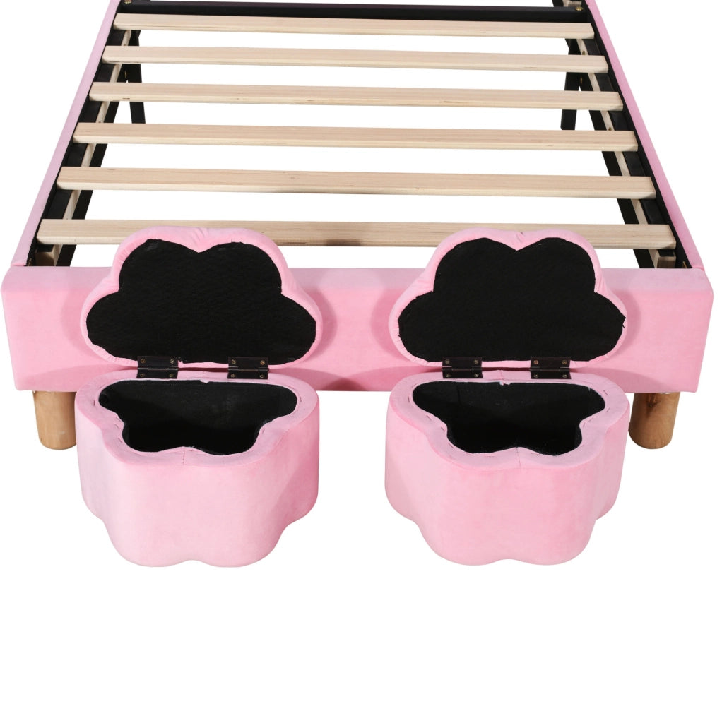 Letto 90x200 cm in velluto francese rosa con LED; 2 panche contenitore e orecchie pieghevoli