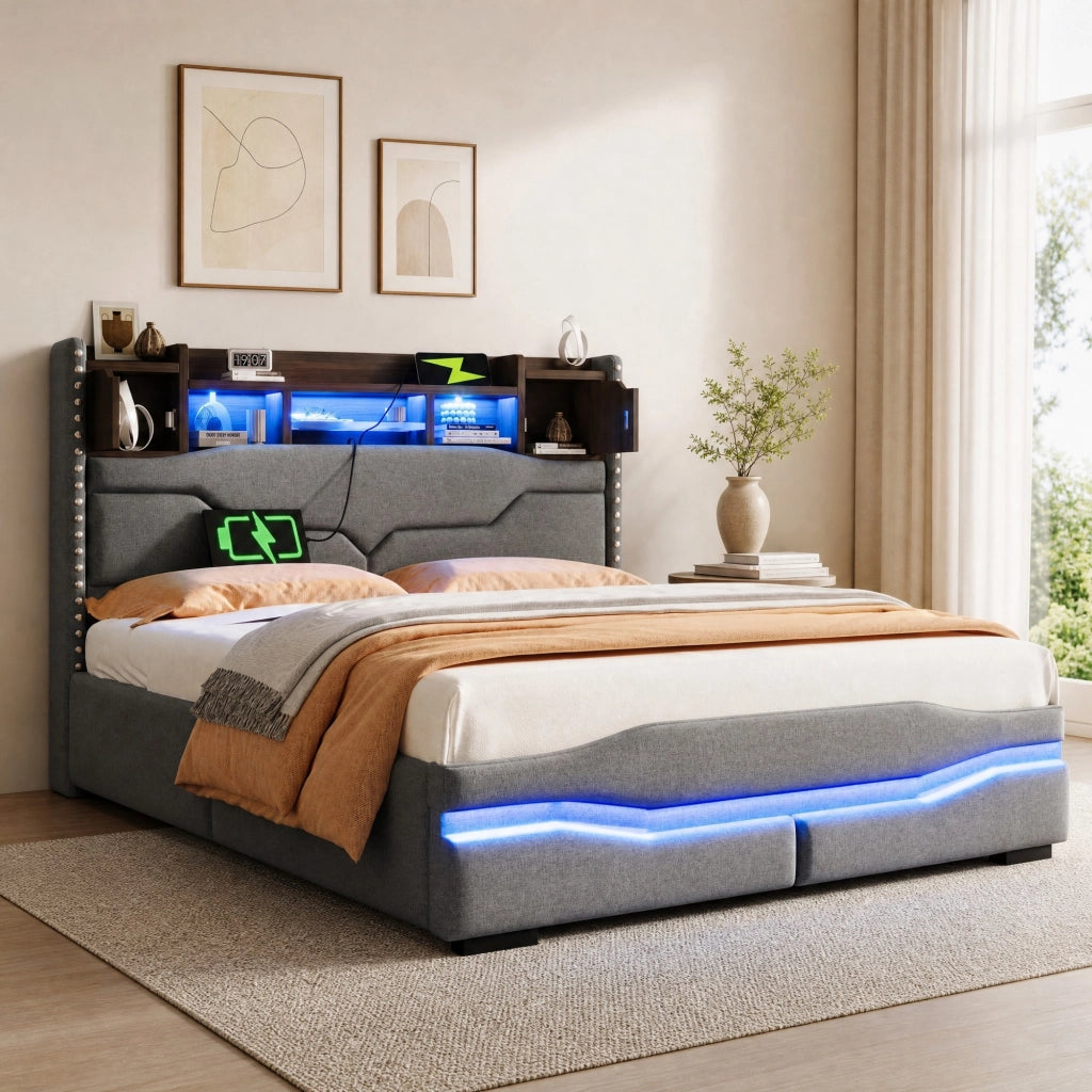 Letto imbottito 140x200 cm con LED, USB-C e vano contenitore