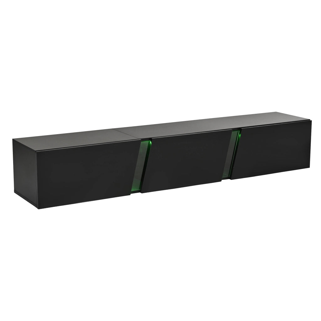 Mobile TV sospeso da parete 180 x 35 x 30 cm, nero lucido, con luci LED controllate da APP, 3 ante abbattibili, per TV fino a 75 pollici