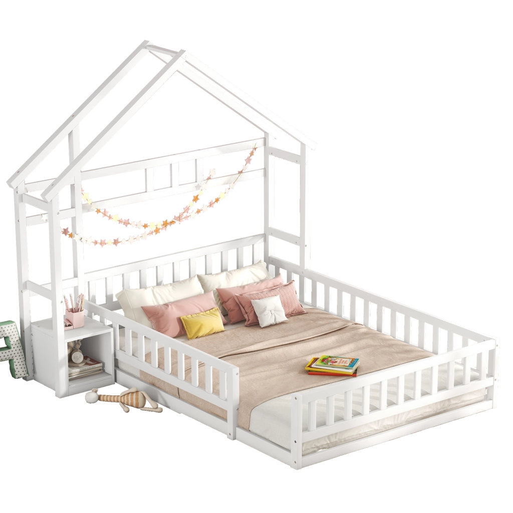 OKWISH Letto a Casetta 140×200 cm, Letto Matrimoniale con Sponda 31 cm e Comodino, senza Materasso, in Pino, Bianco