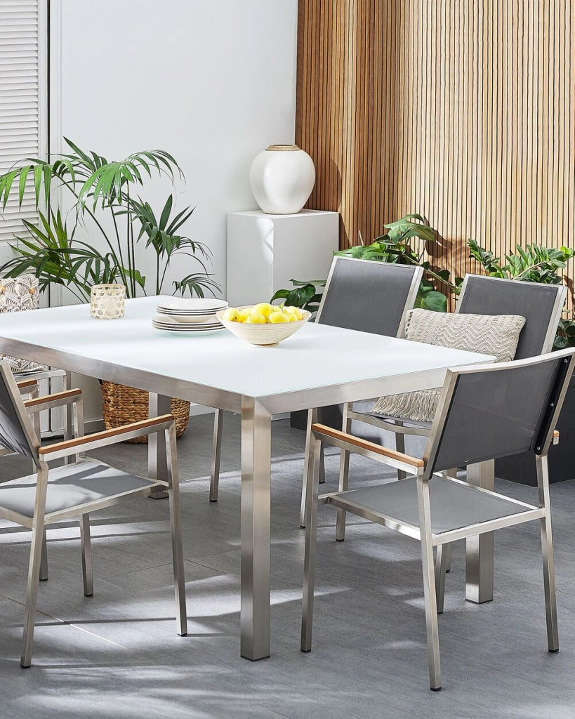 Set di 6 Sedie da Pranzo da Giardino Seduta in Tessuto Grigio e Argento Gambe in Acciaio Inox Impilabili per Esterno