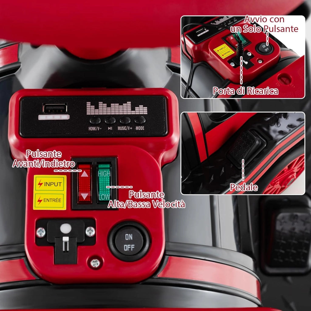 Trenino Elettrico Cavalcabile per Bambini, 12V Macchina Elettrica a 3 Posti con Locomotiva e Vagone Rimovibili, Treno con Luci LED, Clacson e Musica, per Bambini 3-8 Anni (Rosso)