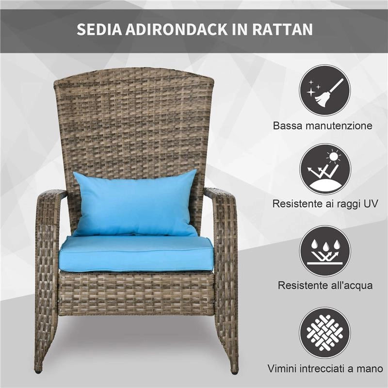 SEDIA DA GIARDINO ADIRONRACK CON BRACCIOLI, IN RATTAN E ACCIAIO, 65X86X90 CM, MARRONE E BLU