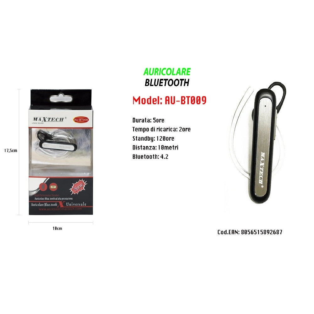 Trade Shop - Maxtech Au-bt009 Auricolare Bluetooth 4.2 Universale Cuffia Per Smartphone Alta Prestazione -