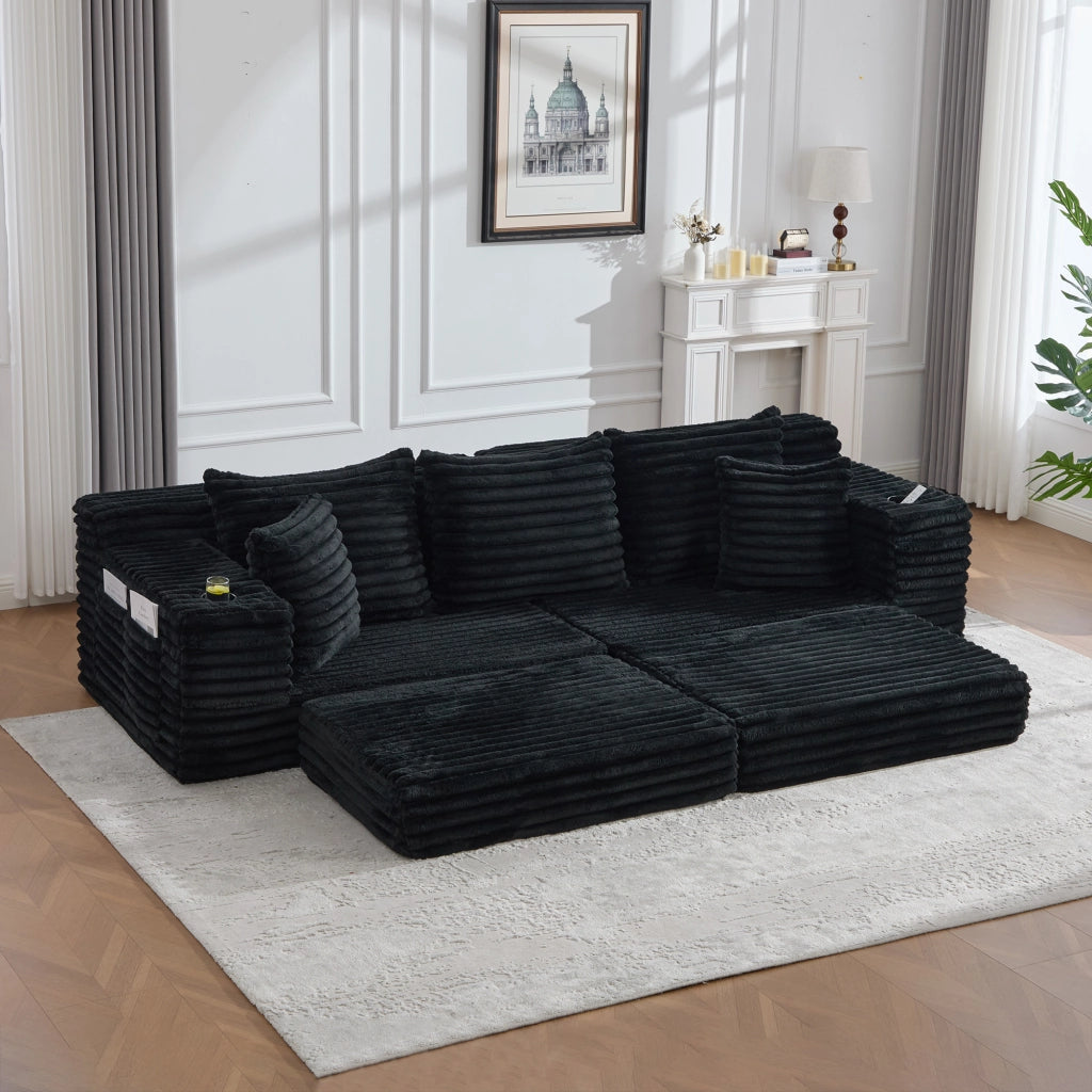 Divano letto modulare in tessuto effetto velluto con schienale alto, tasche laterali e portabicchieri nero