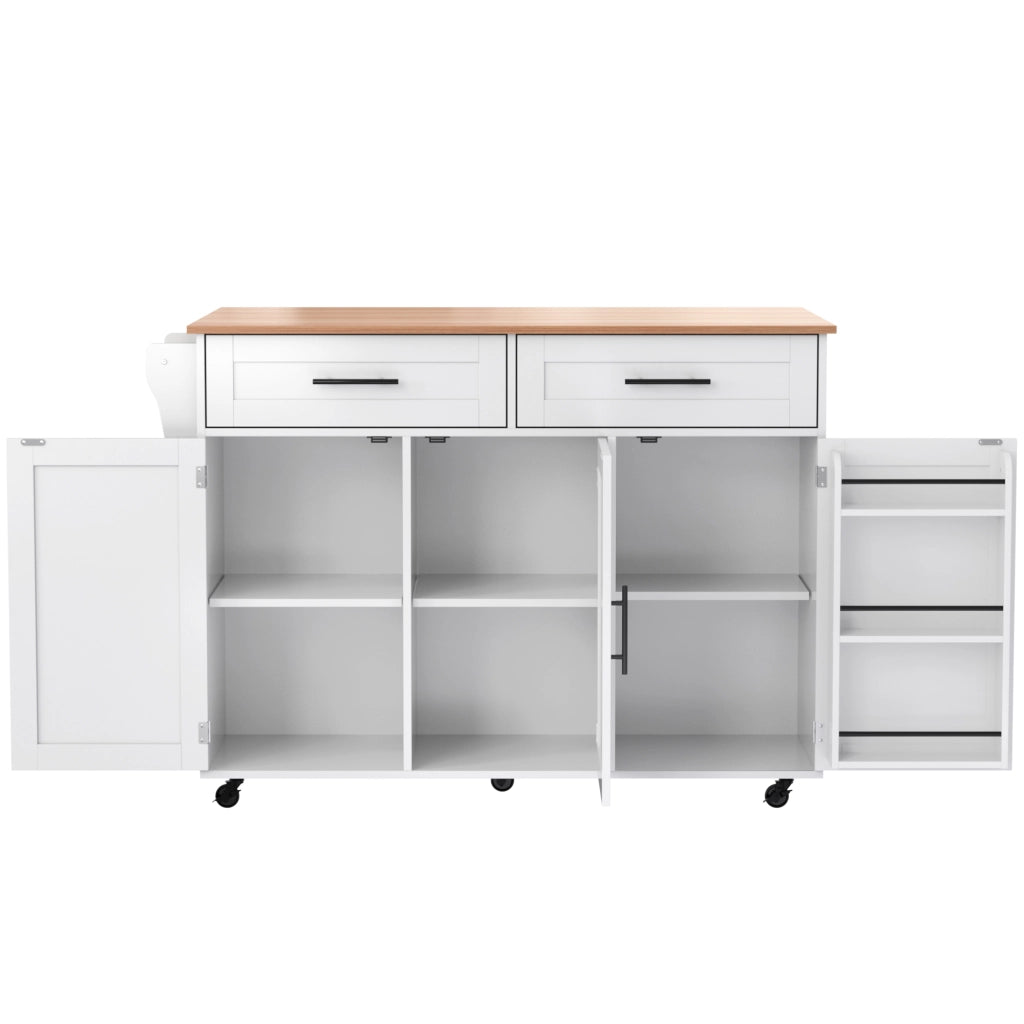 Isola da Cucina Mobile 129x46/71x91;5 cm Bianca con Piano Effetto Marmo; 2 Cassetti; Ripiani e Ruote
