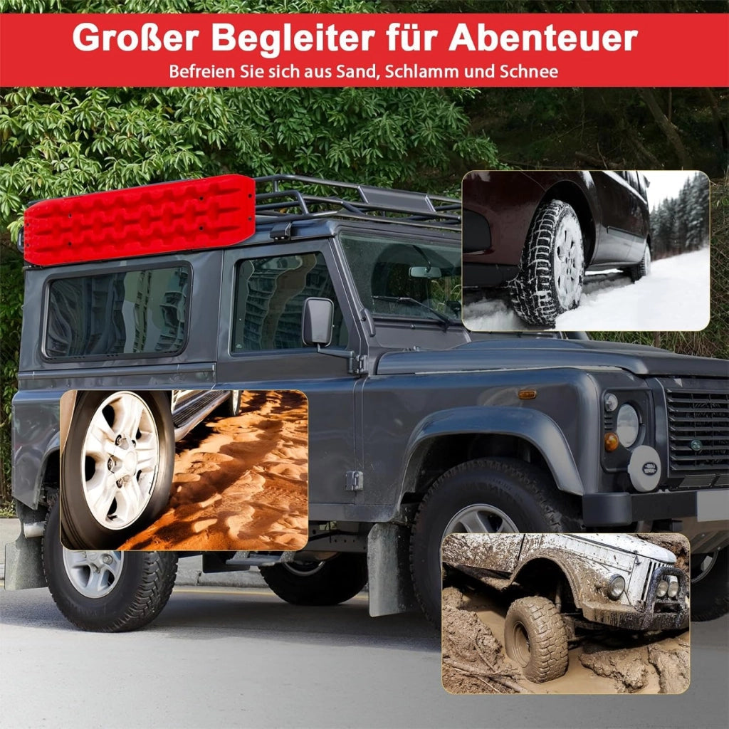 Piastre di sabbia, 2 pezzi, aiuto per l'avviamento per fango, sabbia e neve, Recovery Board Offroad carico 10T, scala per pneumatici per fuoristrada, camper, auto, camion (rosso, 107 x 31 x 7 cm